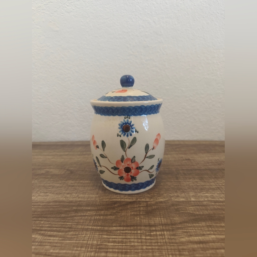 Floral Ceramic Jar with Blue Accents